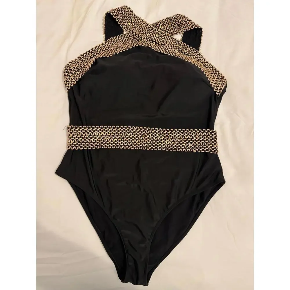 Women's Swimsuit Black and Gold One Piece with Matching Shorts - Size 3XL NWOT - Picture 3 of 10